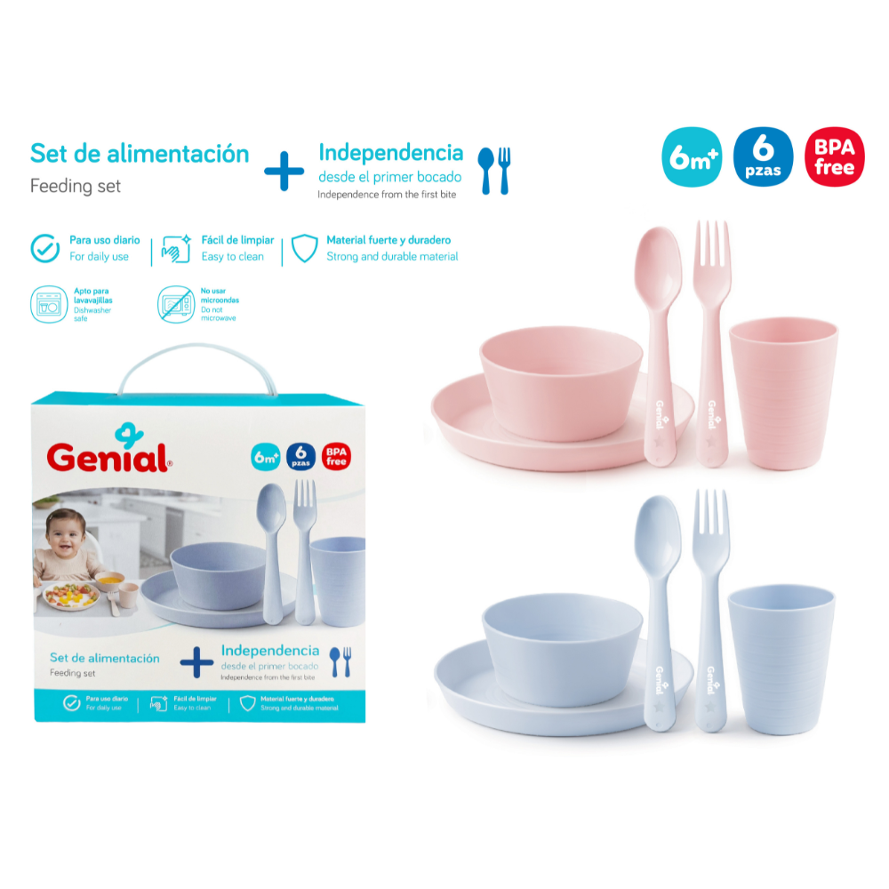 Set de Alimentación para Bebé Genial 6 Piezas – Plato, Bowl, Vaso y Cubiertos, BPA Free 6+ Meses