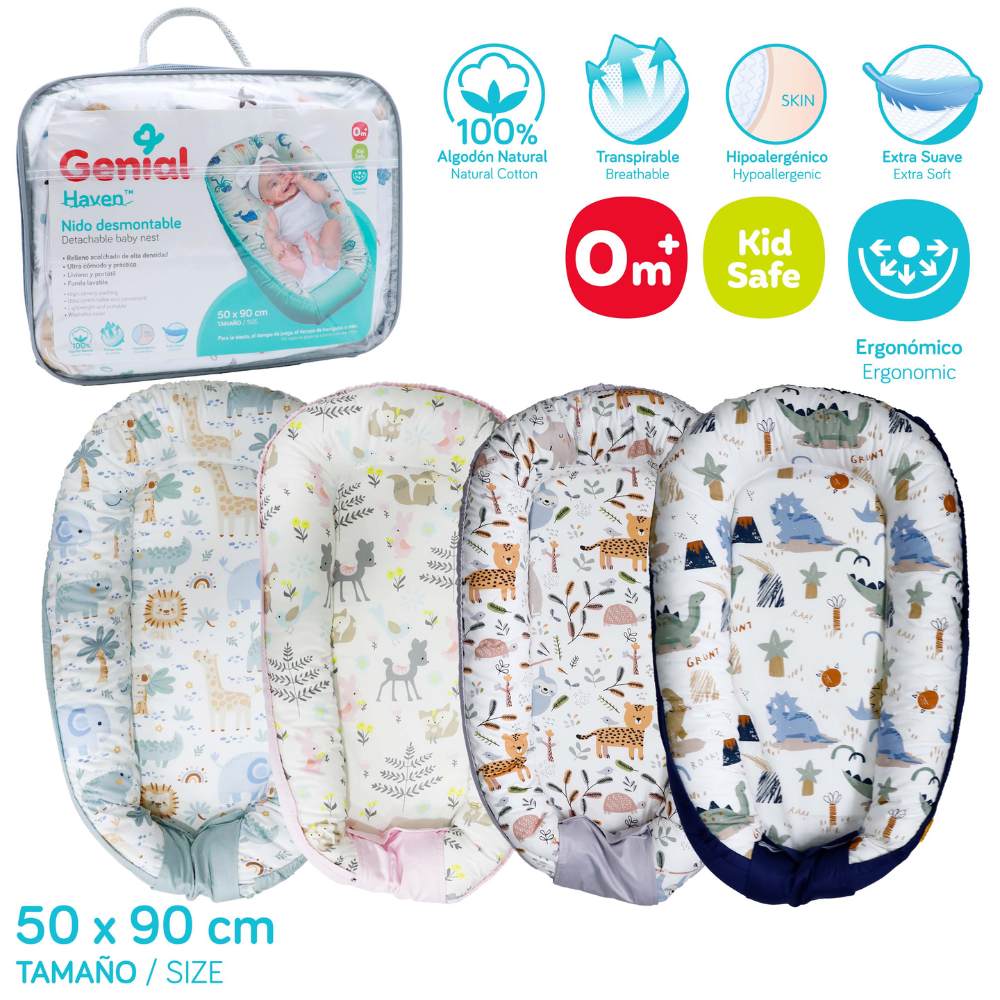 Nido Desmontable para Bebé Genial Haven 50 × 90 cm – Algodón Natural, Hipoalergénico y Transpirable (1 unidad)