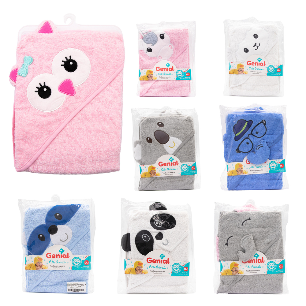 Toalla con Capucha Genial Cutie Animals para Bebé 76 × 76 cm – 100% Algodón Natural, 0+ Meses