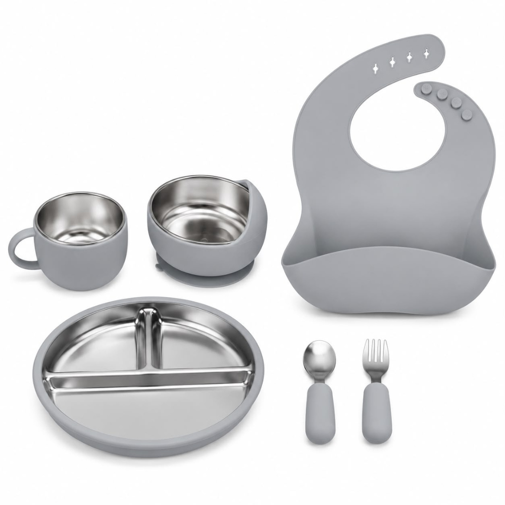 Set de Alimentación para Bebé 6 Piezas de Acero Inoxidable y Silicona con Babero, Plato, Bowl, Taza y Cubiertos – Ideal para BLW