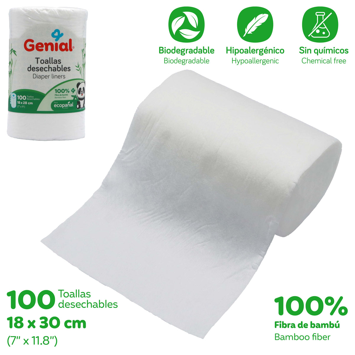Toallas Desechables de Bambú Genial para Pañales – 100 Unidades, Biodegradables e Hipoalergénicas