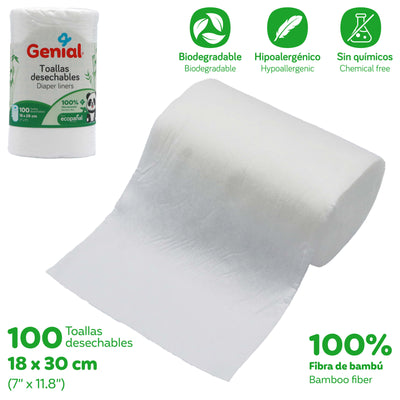 Toallas Desechables de Bambú Genial para Pañales – 100 Unidades, Biodegradables e Hipoalergénicas