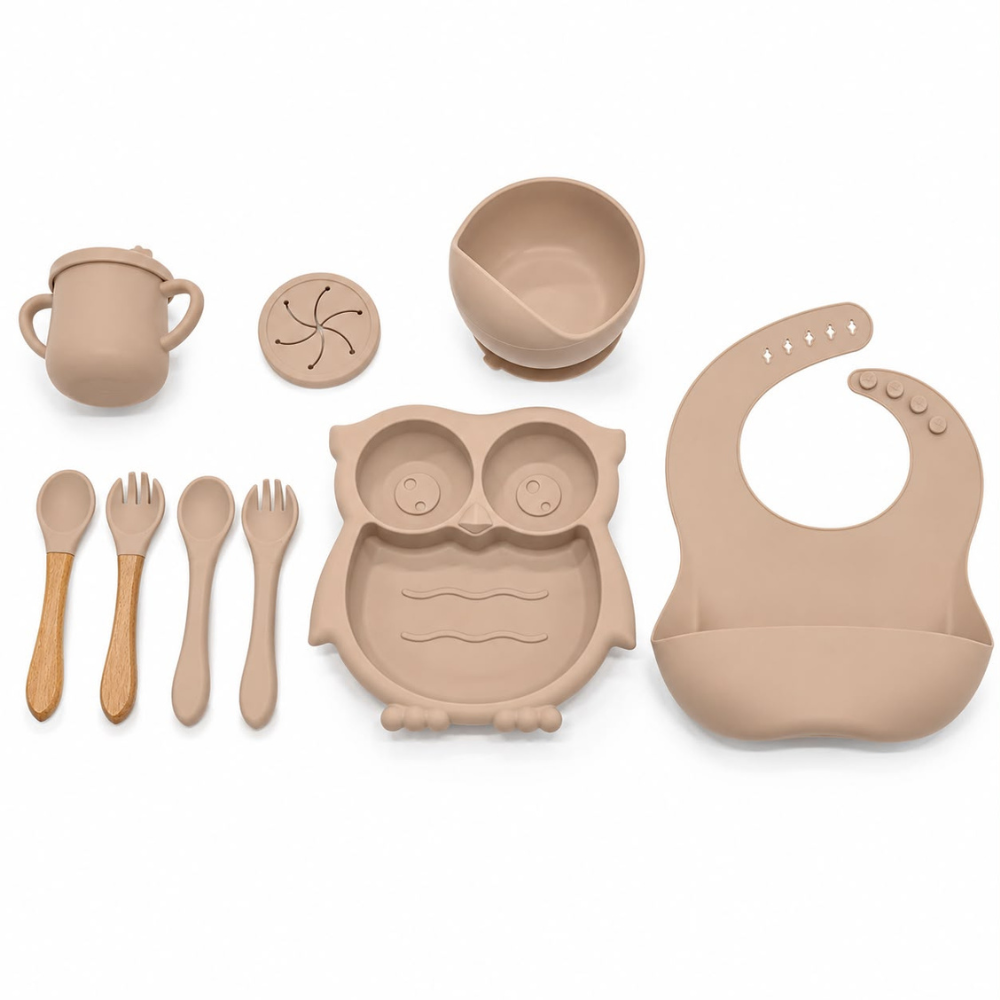 Set de Alimentación para Bebé de Silicona con Plato Búho, Bowl, Vaso, Babero y Cubiertos – Ideal para BLW