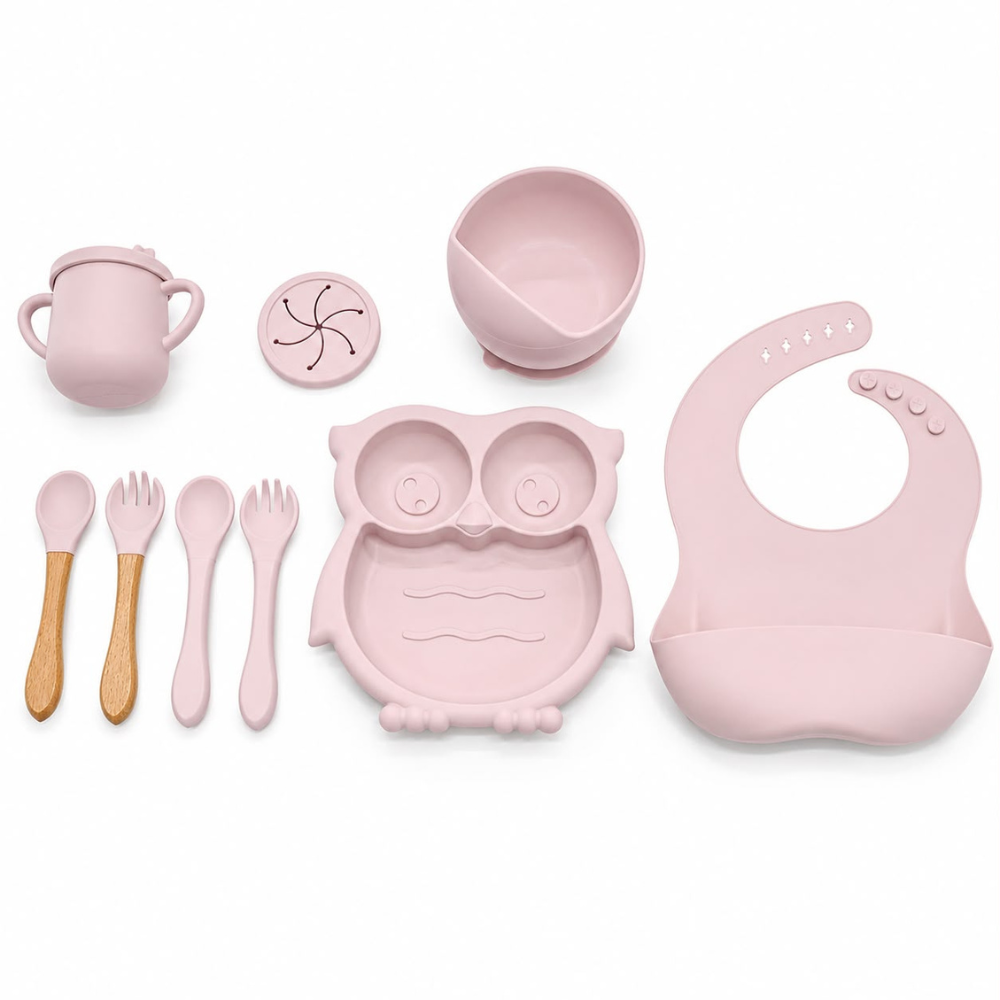 Set de Alimentación para Bebé de Silicona con Plato Búho, Bowl, Vaso, Babero y Cubiertos – Ideal para BLW