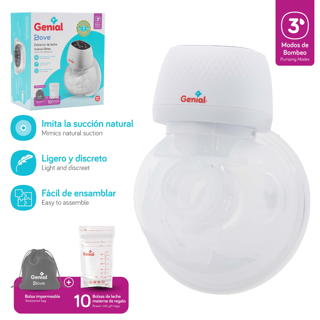 Extractor De Leche Materna Manos Libres Dove - Incluye 10 Bolsas de Almacenamiento y Bolso