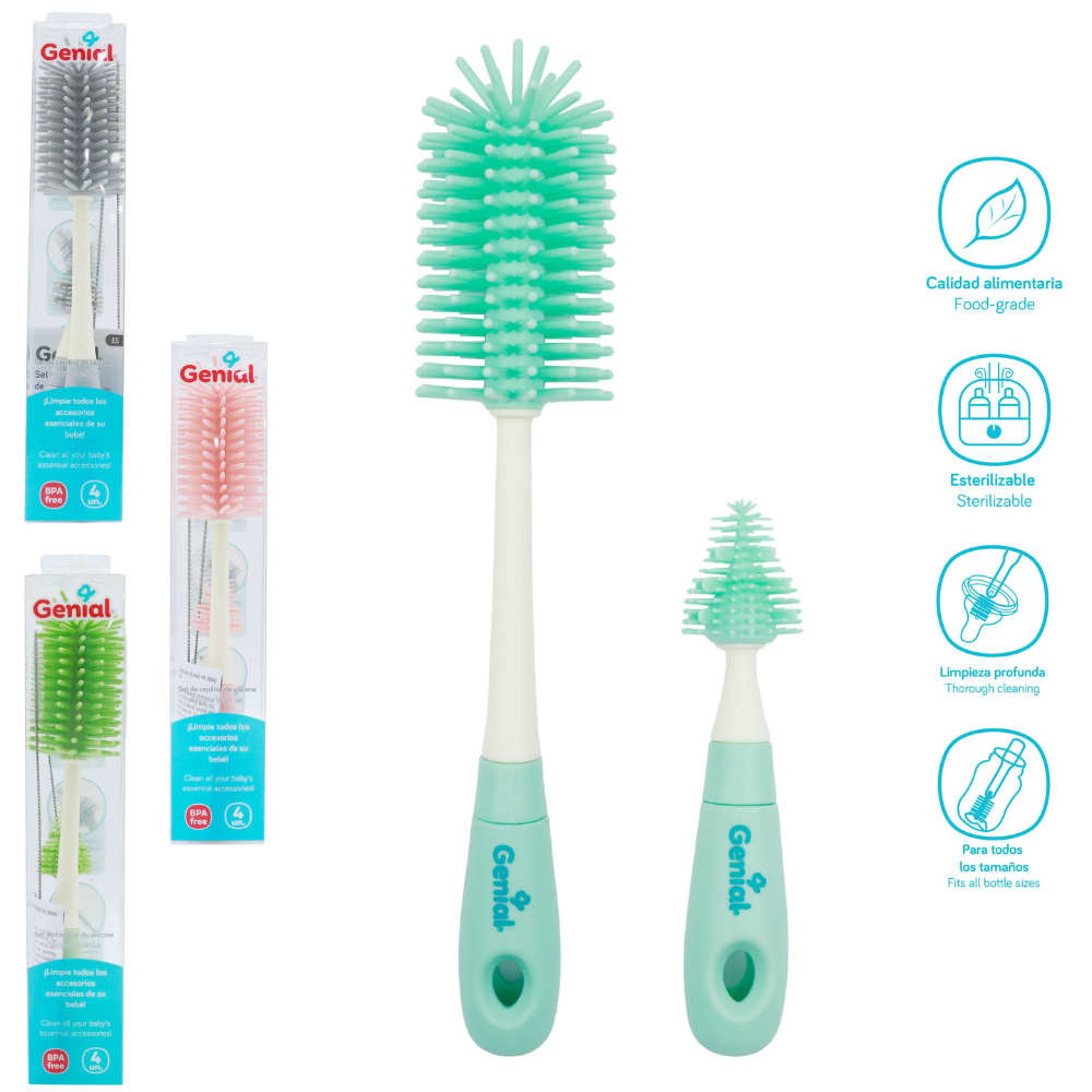 Set de Cepillos de Silicona Genial 4 Piezas para Biberones – Esterilizables, BPA Free y Limpieza Profunda