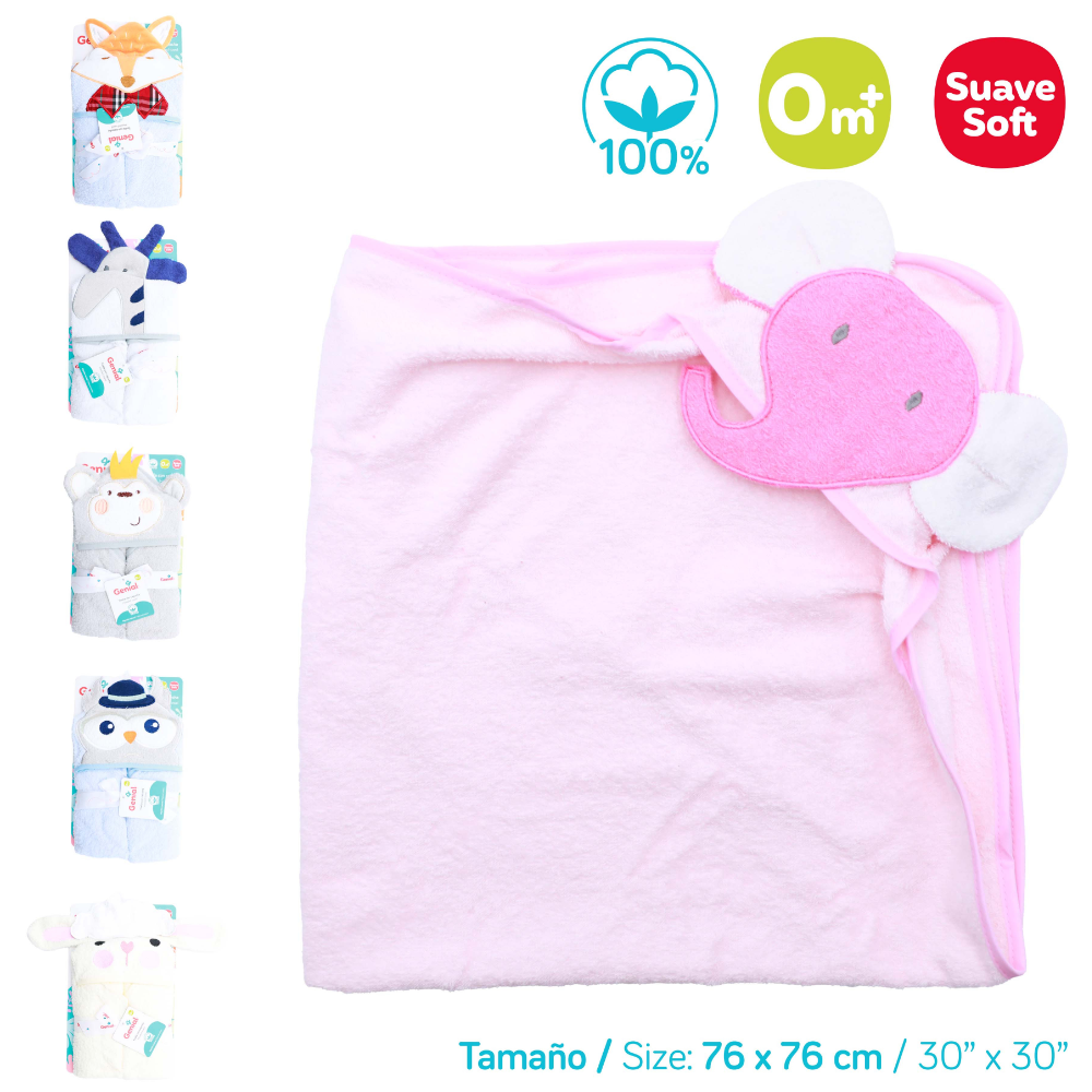 Toalla con Capucha Genial para Bebé 76 × 76 cm – 100% Algodón, Suave y con Diseño de Animales