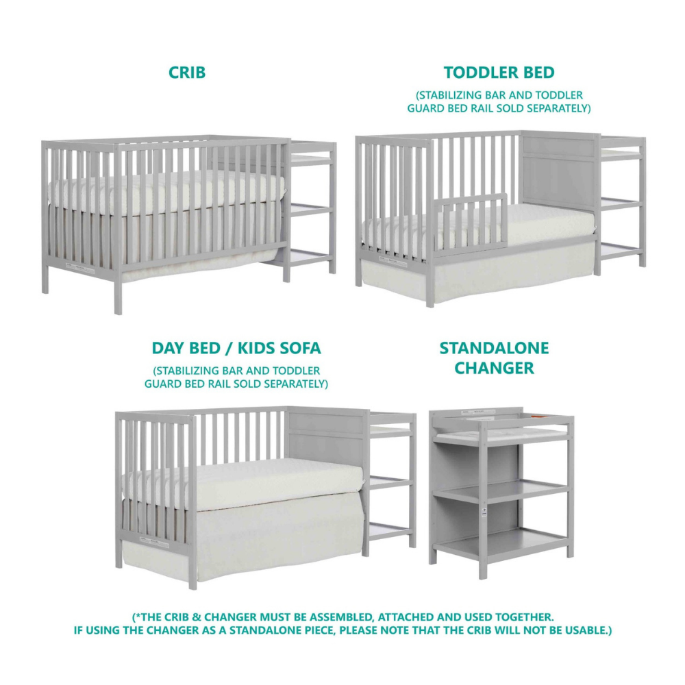 Cuna de Madera Para Bebés 2 en 1 - Cuna y Cambiador - Tamaño 180 x 76 x 91 cm