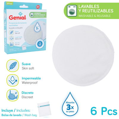 Protectores de Lactancia Reutilizables Genial 6 Piezas – Lavables, Absorbentes e Impermeables