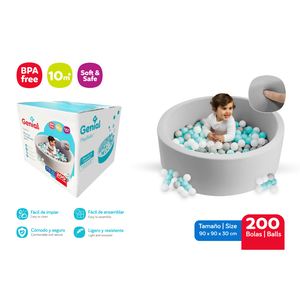 Piscina de Pelotas Genial PlayBalls para Bebé – 200 Bolas, Suave y Segura, 10+ Meses