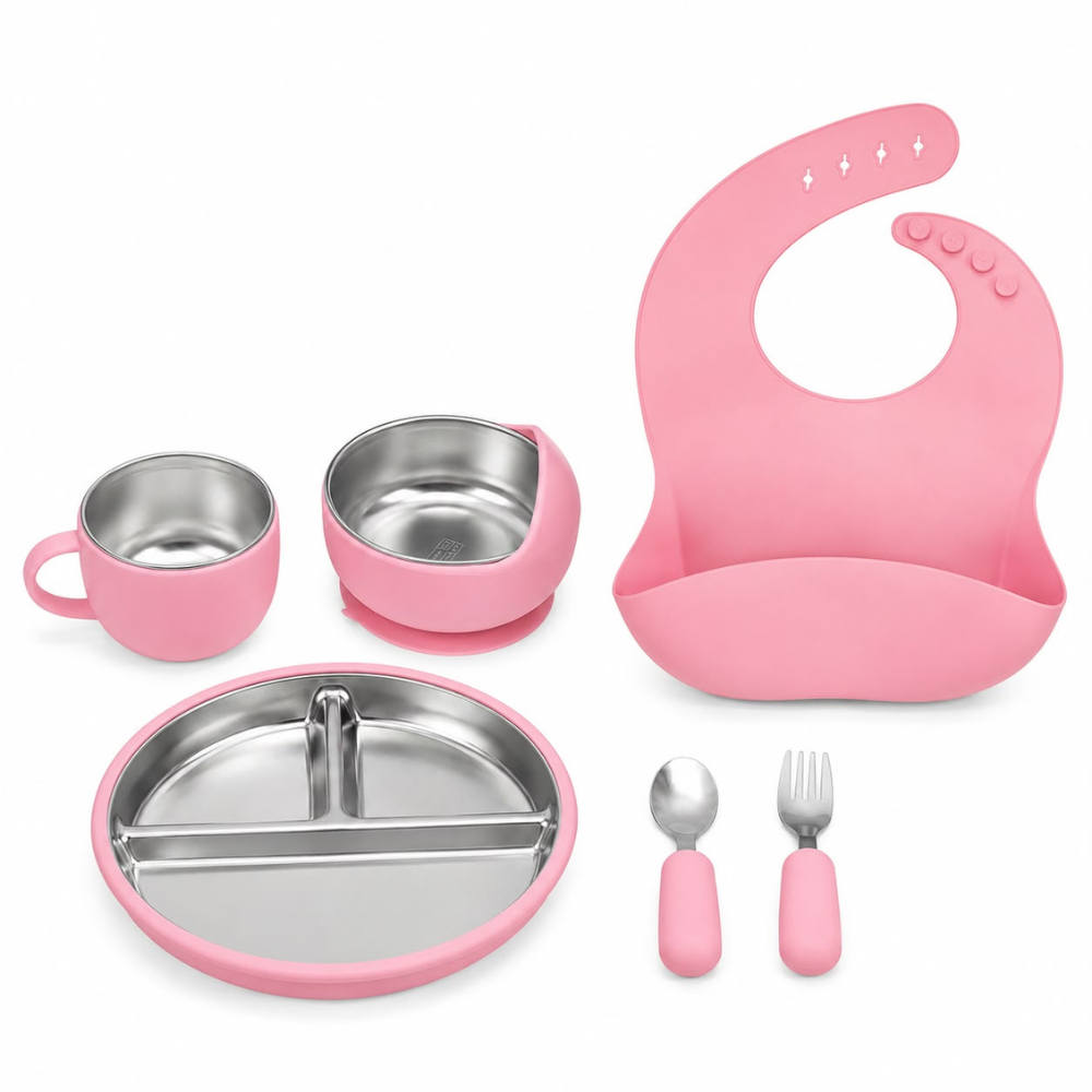 Set de Alimentación para Bebé 6 Piezas de Acero Inoxidable y Silicona con Babero, Plato, Bowl, Taza y Cubiertos – Ideal para BLW