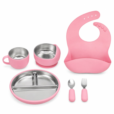 Set de Alimentación para Bebé 6 Piezas de Acero Inoxidable y Silicona con Babero, Plato, Bowl, Taza y Cubiertos – Ideal para BLW