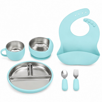 Set de Alimentación para Bebé 6 Piezas de Acero Inoxidable y Silicona con Babero, Plato, Bowl, Taza y Cubiertos – Ideal para BLW