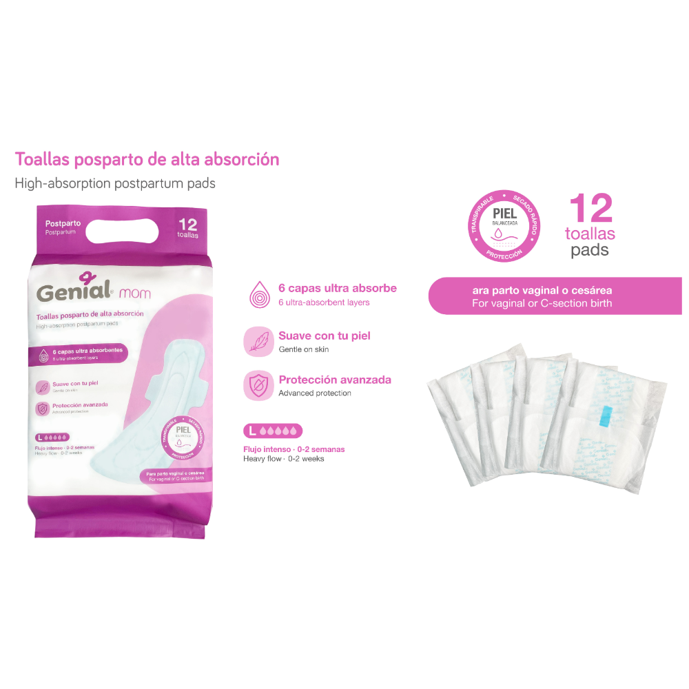 Toallas Postparto de Alta Absorción - Paquete de 12 unidades