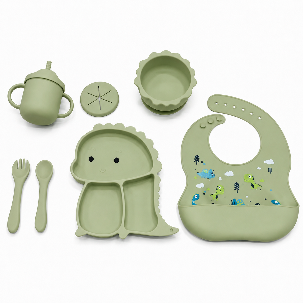 Set de Alimentación para Bebé 7 Piezas de Silicona con Babero, Plato Dividido, Bowl, Vaso y Cubiertos