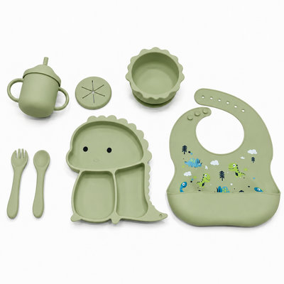 Set de Alimentación para Bebé 7 Piezas de Silicona con Babero, Plato Dividido, Bowl, Vaso y Cubiertos