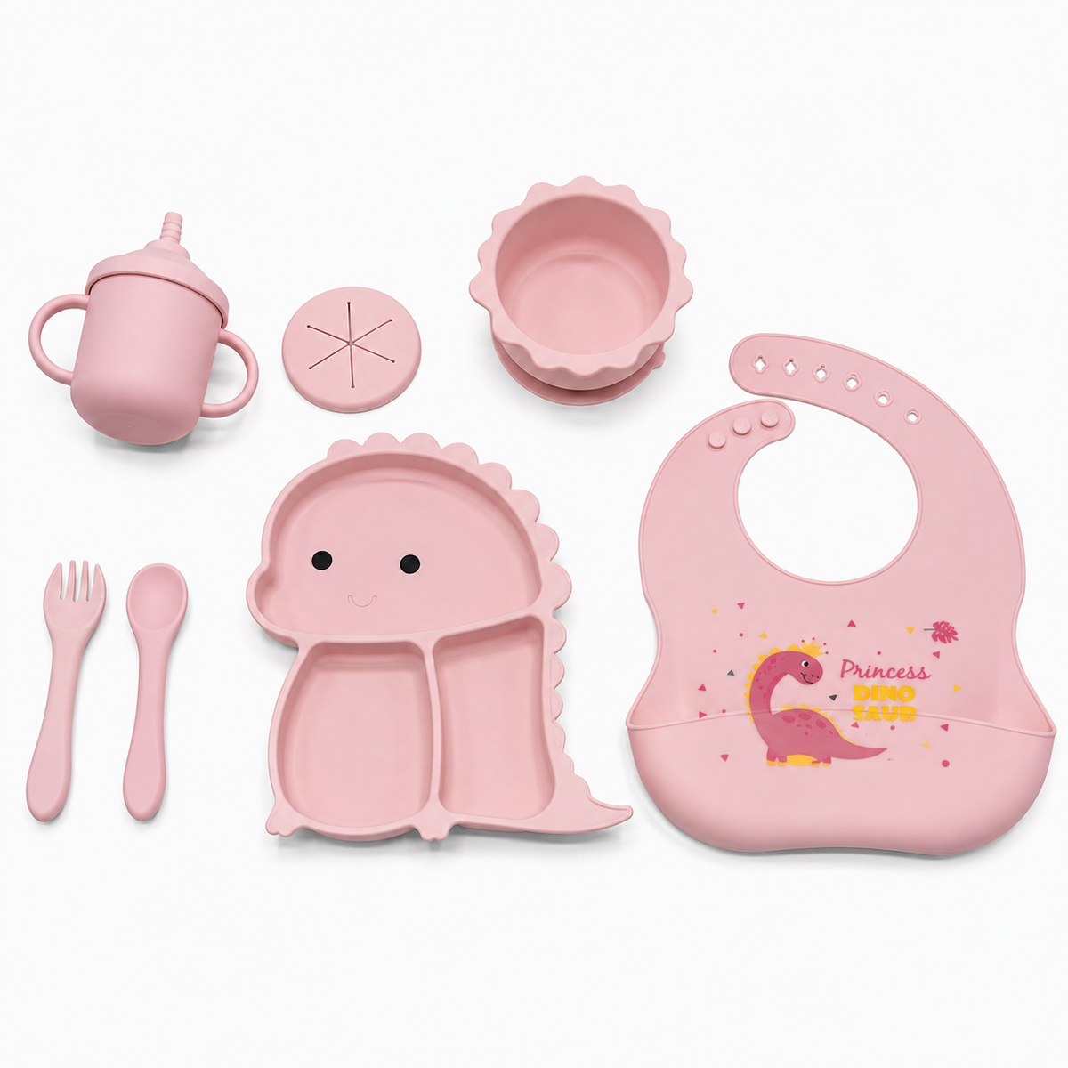 Set de Alimentación para Bebé 7 Piezas de Silicona con Babero, Plato Dividido, Bowl, Vaso y Cubiertos