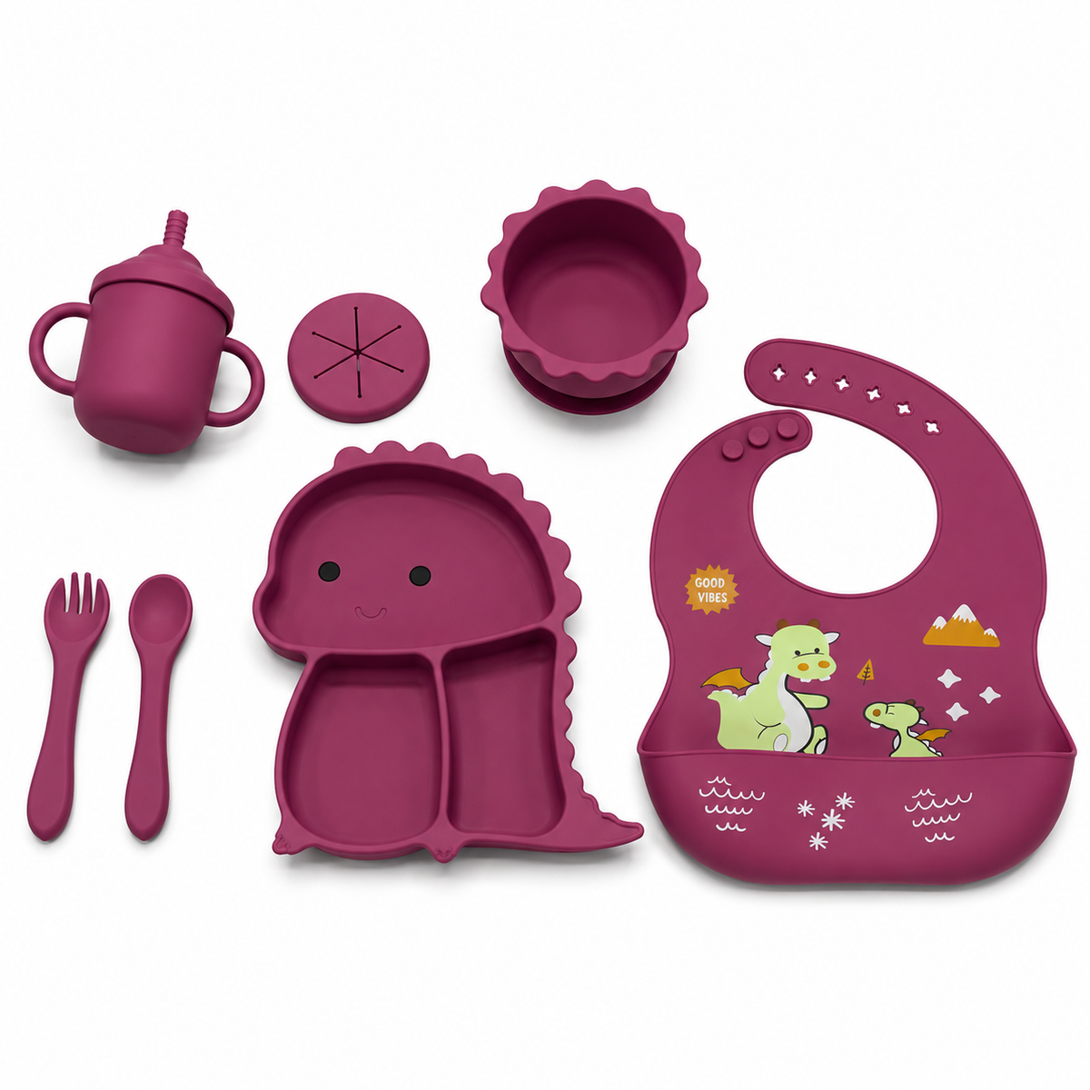 Set de Alimentación para Bebé 7 Piezas de Silicona con Babero, Plato Dividido, Bowl, Vaso y Cubiertos
