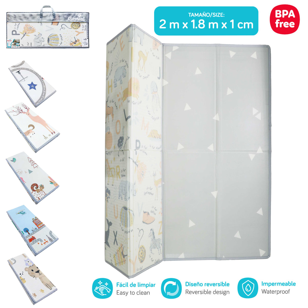 Tapete de Juego Plegable Genial para Bebé 2 × 1.8 m – Reversible, Impermeable y BPA Free