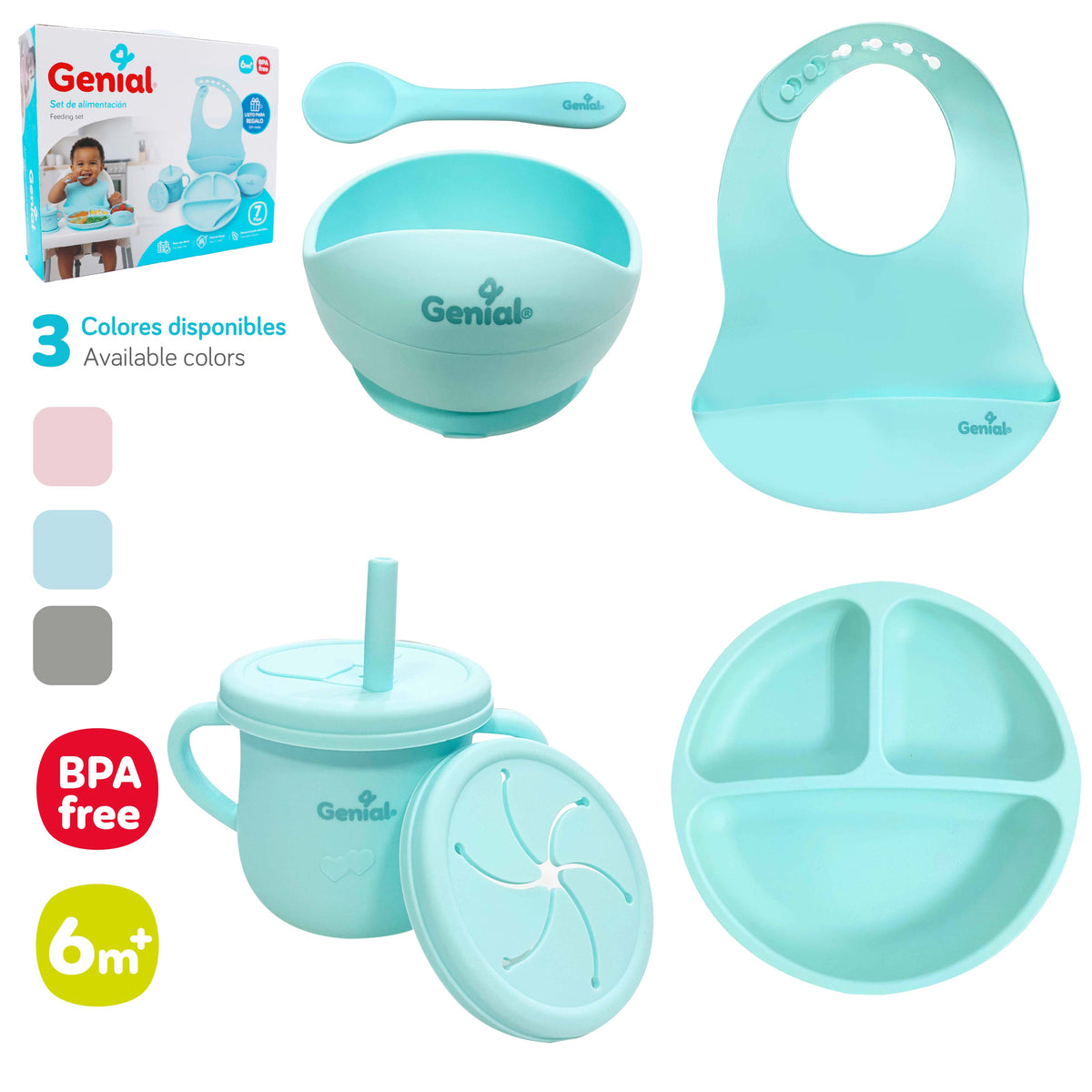 Set de Alimentación para Bebé Genial 7 Piezas – Plato, Bowl, Vaso, Babero y Cuchara, BPA Free 6+ Meses