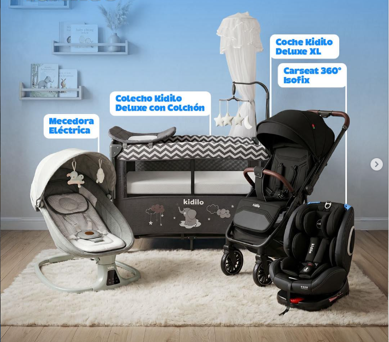 Combo Deluxe Kidilo - Corral Colecho, Colchón, Coche, Mecedora Eléctrica y Silla de Carro