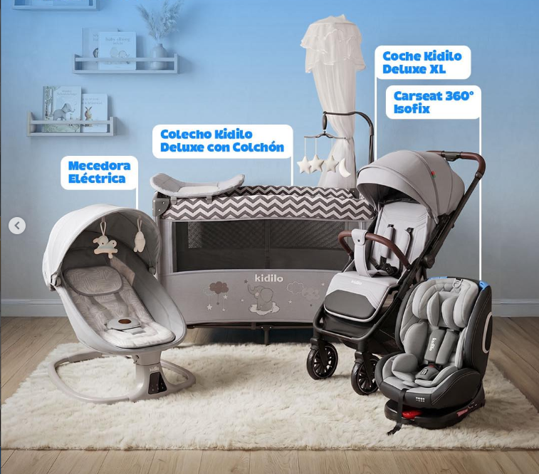 Combo Deluxe Kidilo - Corral Colecho, Colchón, Coche, Mecedora Eléctrica y Silla de Carro