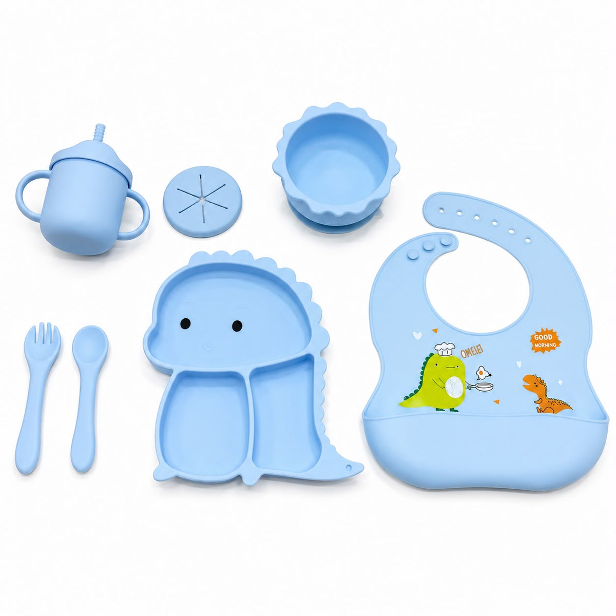 Set de Alimentación para Bebé 7 Piezas de Silicona con Babero, Plato Dividido, Bowl, Vaso y Cubiertos